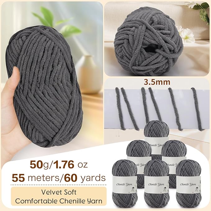 SIMEIQI 6 Pack of 1.76oz Chenille Yarn for Crocheting,60yards Soft Fluffy Velvet Yarn, Ideal Crochet for DIY Baby Blankets Toys Scarves Throw Pillows Hats Cushions(Grey)