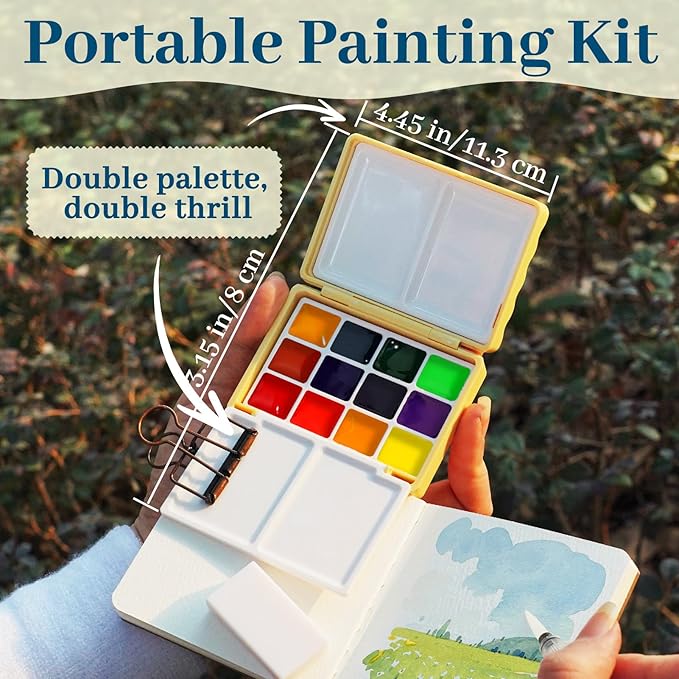 Funto Mini Watercolor Travel Set, 12-Color Refillable Travel Art Kit, All-in-One Mini Paint Supplies with Bag, Art Craft for All, Portable Water Color Paint for Beginners, lovers and Artists