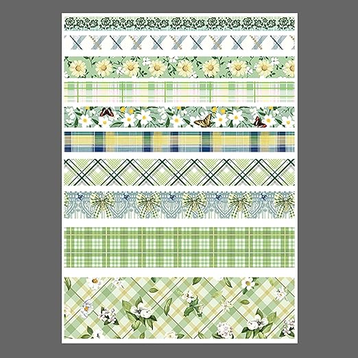 10 Rolls Vintage Floral Washi Tape Set Pastel Plaid Arts Adhesive Tapes Soft Colors Decorative Masking Tape Sets for Craft, Kids, Scrapbook, DIY, Gift Wrapping (Green Garden)