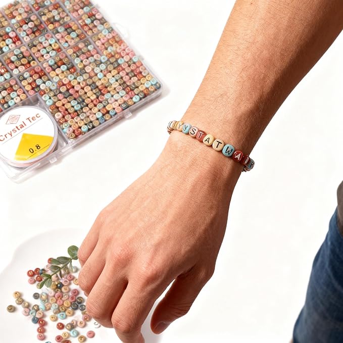 nikkiGuo 1250 PCS Letter Beads Kit with Elastic Cord – Alphabet A–Z, Numbers, Heart, Moon, Star, Smiley Beads for Friendship Bracelets & DIY Jewelry (Colorful Beats & Golden Letters)