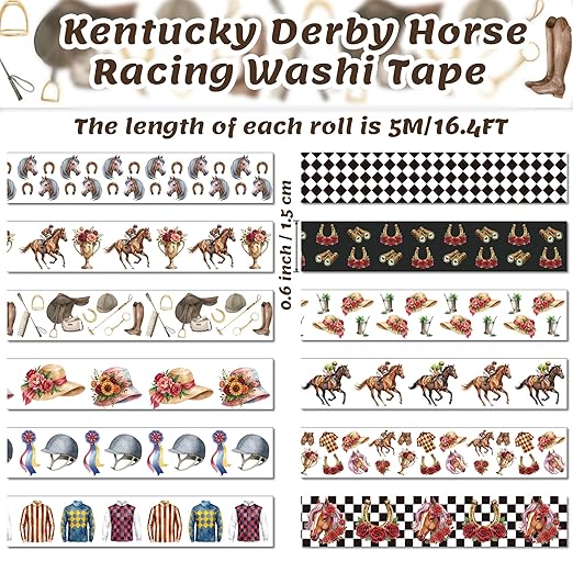 Kentucky Derby Washi Tape - 12 Rolls Horse Racing Silhouette Jockey Silk Bridle Pattern Design Premium Acid Free Repositionable Paper for Scrapbooking Gift Wrapping Journal DIY Crafts