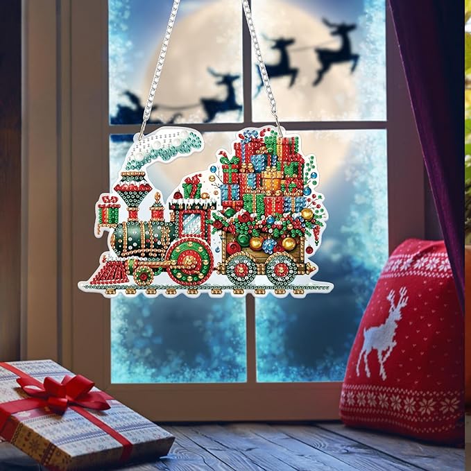 Bowetile Christmas Train Diamond Art Hanging Kits for Adults, Diamond Art Suncatchers, 5D Special Shape Diamond Painting Pendant Window Ornament Christmas Gifts for Home Door Wall Decor