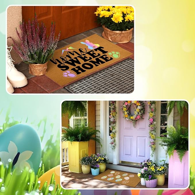 Chunful 3 Set Easter Blank Door Mats for Crafting 3 Pcs 17" x 30" Plain Doormat for Painting with 16 Reusable Easter Stencils Painting Tools for DIY Crafting Bunny Party Decor