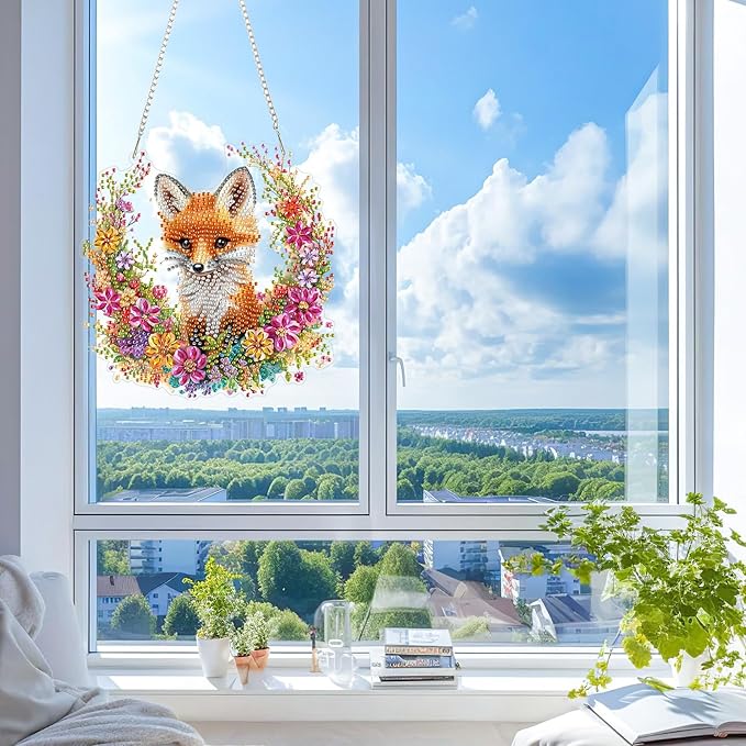 KEYIFA Fox Hanging Diamond Art Painting Kits for Adults and Kids Age 8-12, 5D Special Shape Diamond Dots Kit Flowers, Crystal Gem Painting Art Crafts for Window, Wall, Door, Garden Decor