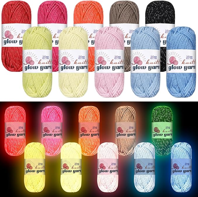 WILLBOND 10 Rolls Glow in The Dark Magic Yarn Luminous Neon Crochet Yarn for Crocheting DIY Knitting Glow Fingering Sewing Supplies for Crafts Sewing Party 54.7 yd Per Roll (Vibrant Colors)