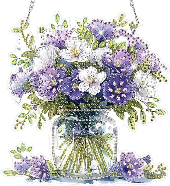 HEIBAGO Diamond Art Hanging Kits for Adults Kids, Hanging Diamond Art Vase, 5D Special Shaped Crystal Diamond Painting Kit Flower, DIY Pattern Window Pendant for Home Wall Decor 8.3x8.3 Inch
