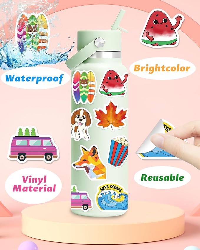 greingways 100 pcs water bottle stickers for kids classroom, waterproof stickers for laptop scrapbook skateboard, vinyl cute sticker packs for teens boys girls adults