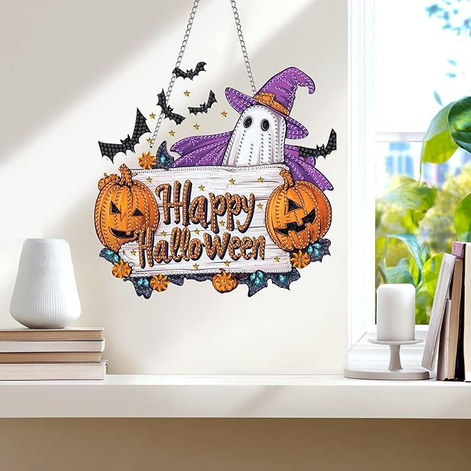 Wergund DIY Halloween Diamond Art Hanging Kits, Hanging Diamond Art Ghost, Acrylic Special Shaped Rhinestone, Window Hanging Pendants for Home Wall Garden Front Door Outdoor Decor Gift(Halloween)