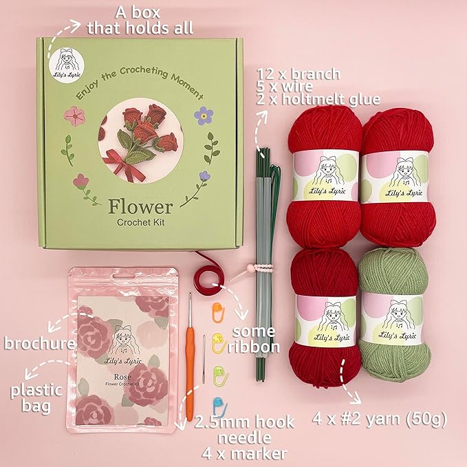 Lily's Lyric Flower Crochet Kit | Red Rose | Step-by-Step Video Tutorial for Adults Teenagers | Craft Gift Idea DIY Home Decoration
