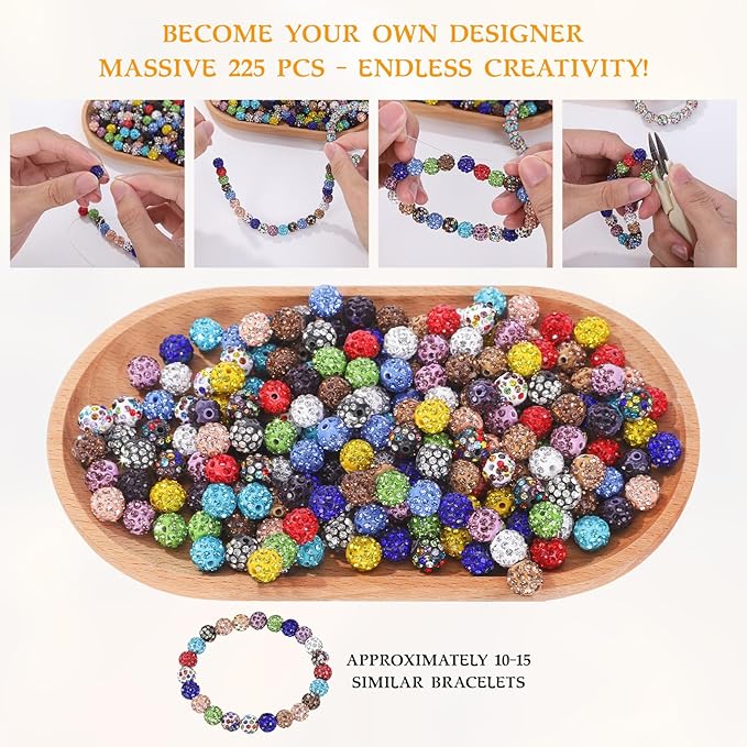 225pcs 10mm Rhinestone Beads for Jewelry Making, 15 Colors Clay Disco Round Ball Sparkly Crystal Diamond Bulk Bead for Bracelets Baseball Necklace Earring Crafting Christmas DIY Decoration
