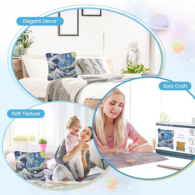 EsLuker.ly DIY Latch Hook Pillow Kits Starry Sky Patterns Pre-Printed Canvas Pillow Making Set, Beginner Cushion Cover Latch Hook Kit, Creative Craft for Family Fun Home Decor