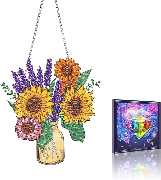 VAIIEYO Vase Diamond Art Hanging Ornament, Flower Diamond Painting Suncatchers Window Hanging Kit with Chain, 7.5x7.5 inch Crystal Pendant Art Craft for Gift Home Wall Front Door Decoration