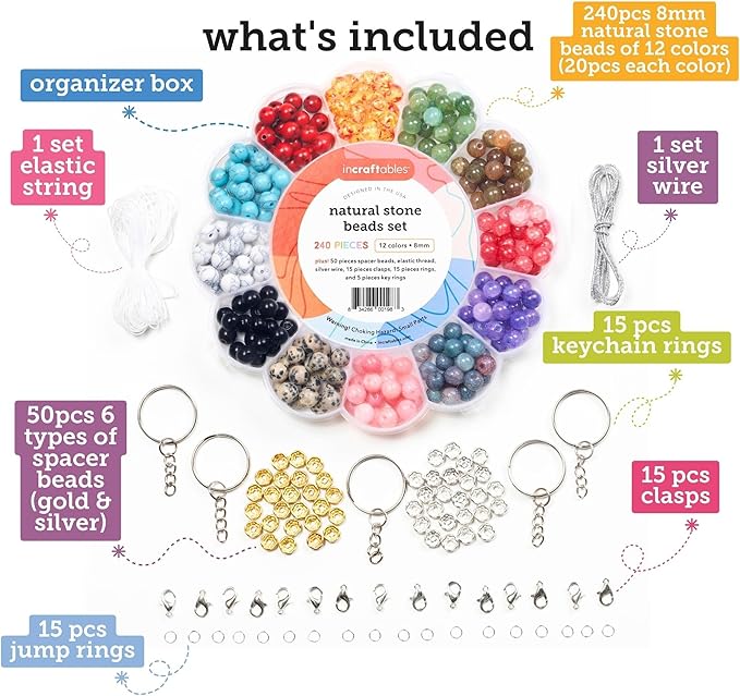 Incraftables Natural Gemstone Beads Kit - 240 Stone Beads & 150 Spacer Beads for Jewelry Making - Bracelet Making Kit with Keychains, Clasps, Wire, & Storage Organizer
