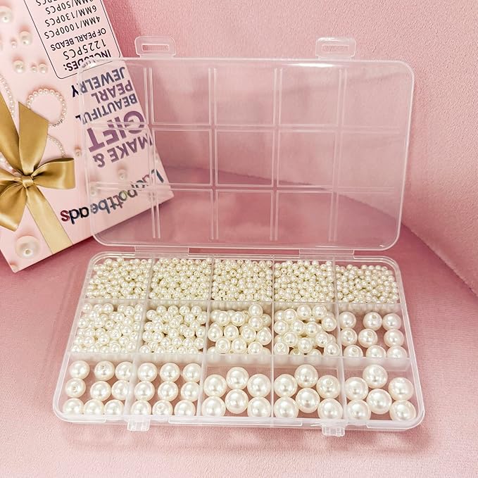 Laopottbeads 1225 Pcs Ivory White 5 Size Pearl Beads for Jewelry Making Round Pearl DIY Kit for Bracelets, Earrings, Necklaces & Anklets