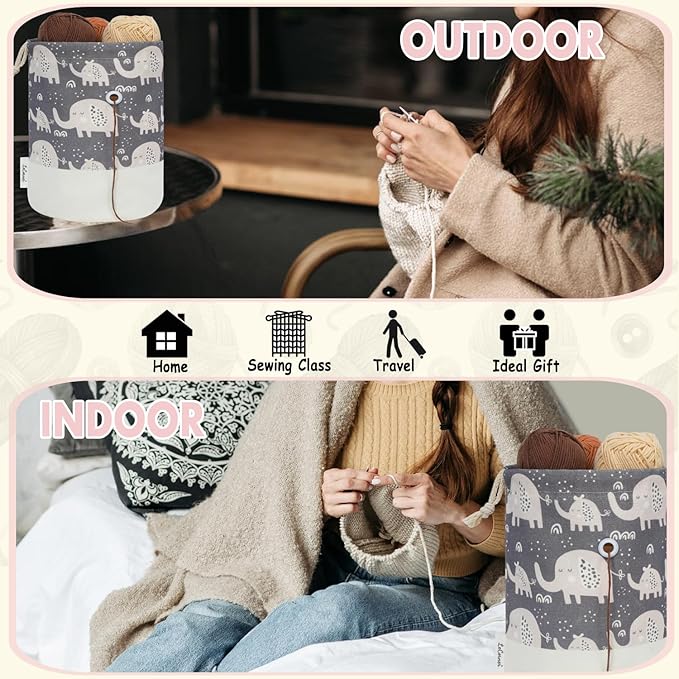 Small Crochet Bag Organizer, Drawstring Storage Knitting Bags, Portable Mini Elephant Yarn Holder for Crocheting Project, Store Skein Ball, Needles Accessories