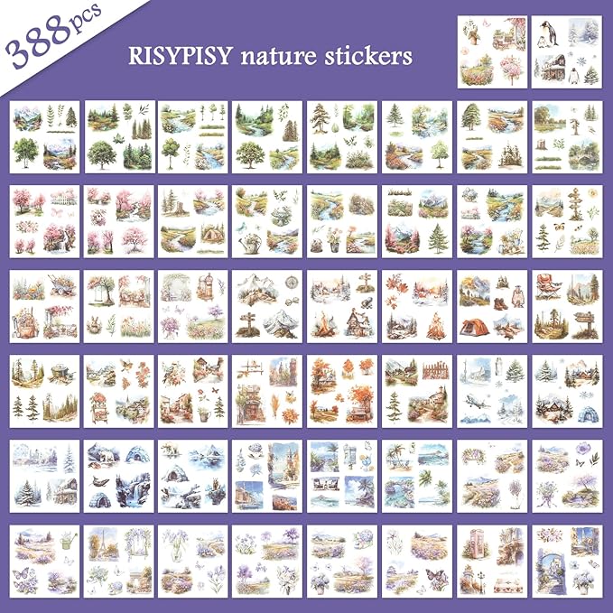 RISYPISY Pre-Cut Washi Tape Sticker 50 Sheet-388pcs Washi Stickers for Journaling Ephemera for Junk Journal Supplies for Bujo Planner Collage Crafts