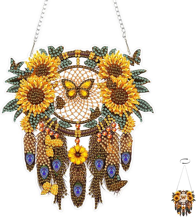 TOSTOG Sunflower Dream Catcher Diamond Art Hanging Kits for Adults, Diamond Painting for Adults Window Pendant, Special Shape Diamonds Diamond Painting Hanging Pendant Kit for Wall Home Decor Gift