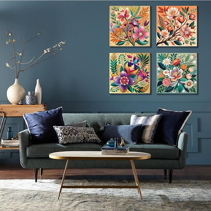 Canrichshop 4 Pack Paint by Numbers for Beginner with Frame,Flowers Adult Paint by Number Kits on Canvas, DIY Number Painting for Adults for Decor 8X 8 inch