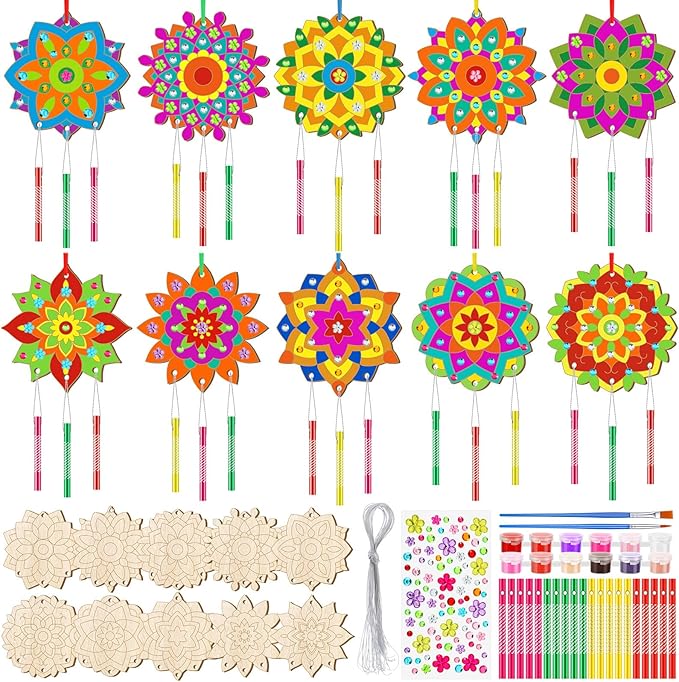 JellyArch 30 Pack Spring Mandala Wind Chime Making Crafts Kit for Adults, Make Your Own Wind Chime Bulk Wooden Hanging Ornaments for DIY Activity Birthday Summer Decoration