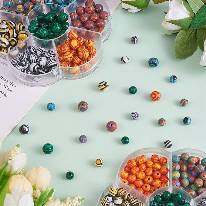 140Pcs 7 Colors Malachite Beads for Jewelry Making, 8MM Malachite Stone Beads Charm Round Bead Set for Necklace Bracelet Charm Jewelry Making (8MM, 7 Colors Malachite)