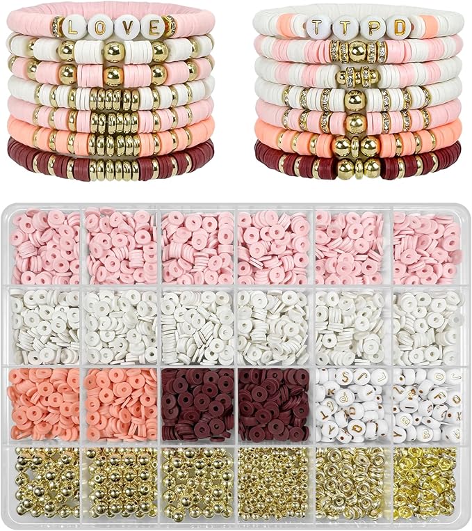 ClaBead Bracelet Making Kit - 3200Pcs Clay Beads With Gold and Letter Beads for Friendship Bracelets (Cute Pink)