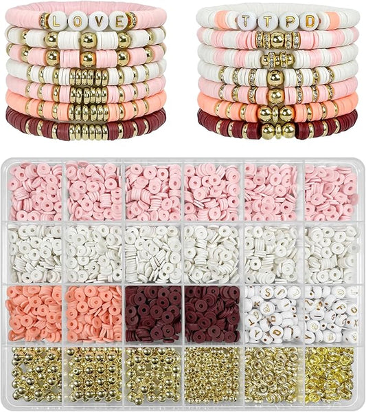 ClaBead Bracelet Making Kit - 3200Pcs Clay Beads With Gold and Letter Beads for Friendship Bracelets (Cute Pink)