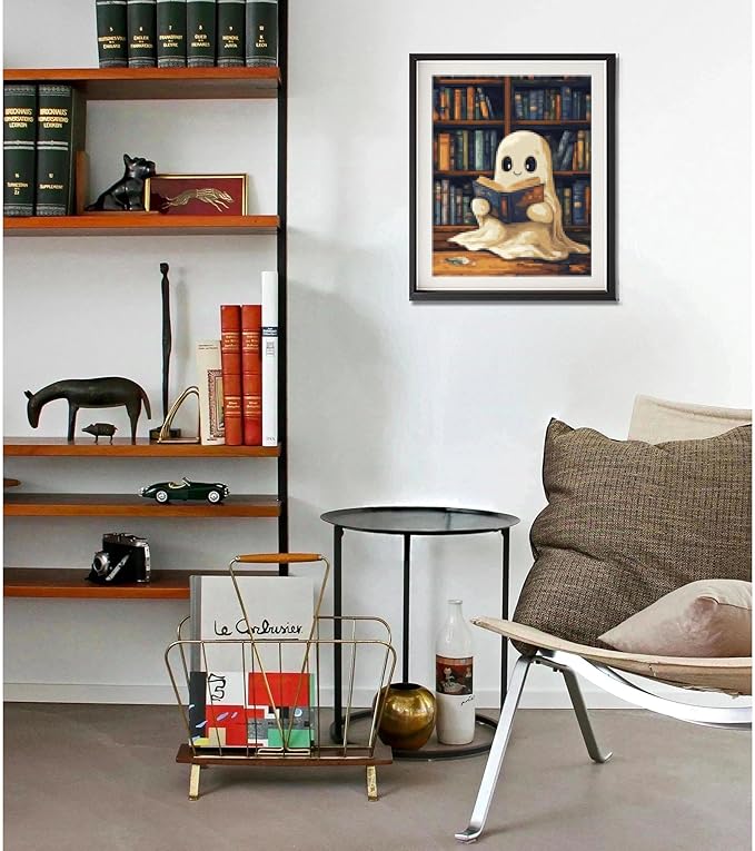 Ghost Reading a Book Paint by Number for Library Decor, Halloween Paint by Numbers Kit for Adults, Cute Ghosts Reading Acrylic Painting for Holiday Gift, Home Reading Room Decor(16x20inch, No Frame)