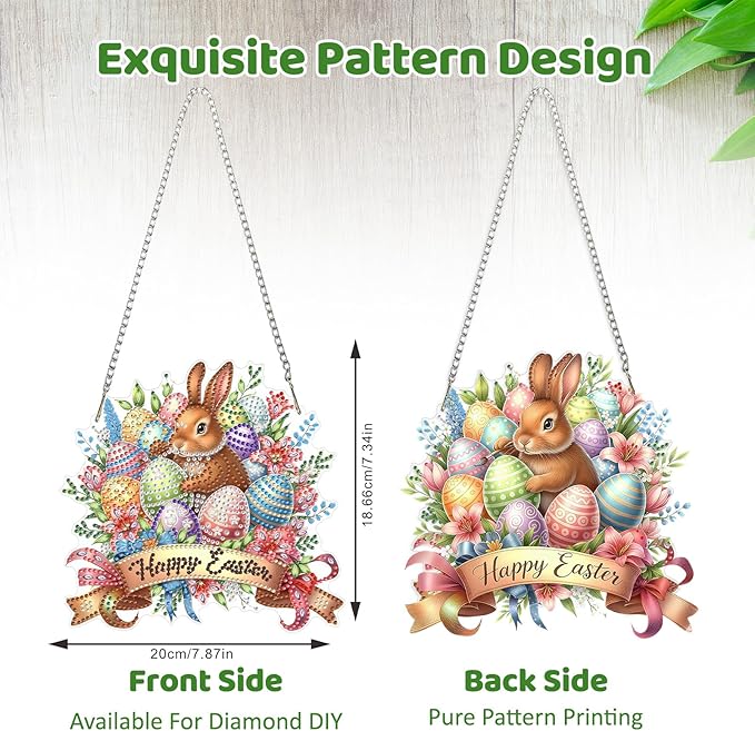 MEIYUDA Easter Bunny Diamond Art Hanging Kits for Adult, Colorful Eggs Diamond Painting Kits Ornaments, DIY Happy Easter Special Shaped Rhinestone Window Pendant for Home Garden Wall Decor Gift