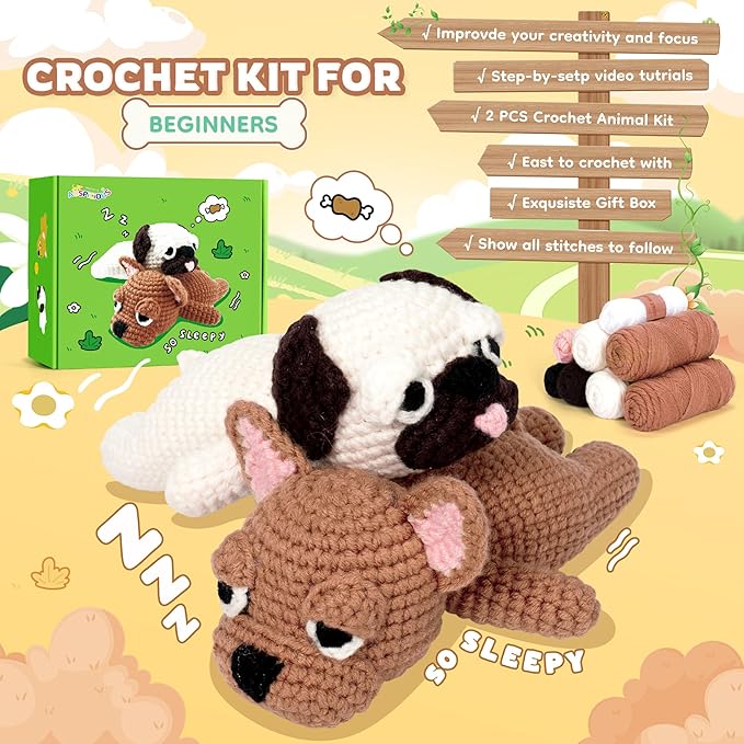 Crochet Kit for Beginners- Teacher Appreciation Gifts, 2 PCS Pug and French Bulldog Crochet Kits for Adults, Sleeping Dog Crochet Kit with Step-by-Step Video Tutorials Instructions DIY Knitting Kit