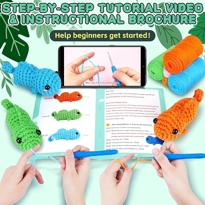 Fortuning's JDS Crochet Kit for Beginners - 3 PCS Baby Chameleon Crochet Kits with Step-by-Step Video Tutorials, Beginner Crochet Kit for Adults Kids, Chameleon Crocheting Set
