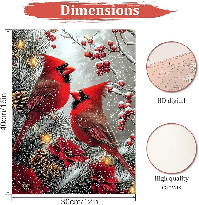 MAXBYE Cardinal Paint by Number, Snow Scene Adults' Paint by Number Kits, DIY Acrylic Paint Kit for Adults Beginners, Christmas Berries Oil Paint by Numbers Canvas for Home Wall Decor 12x16inch
