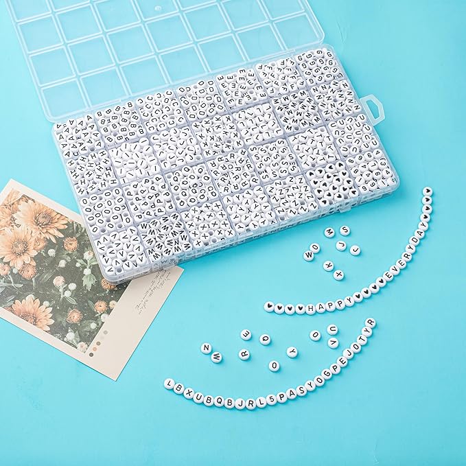 1400pcs letter beads, 4x7 mm acrylic alphabet beads, beads for jewelry and bracelet making, in 28 grid box (white and black)