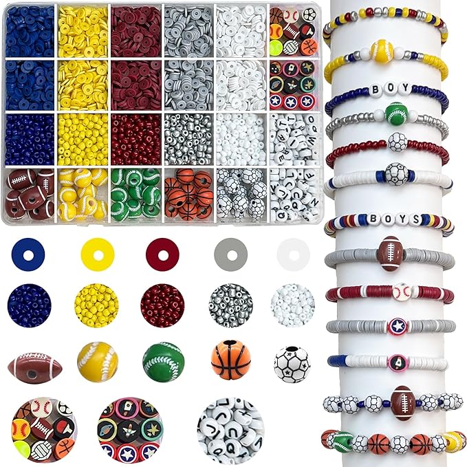 3950PCS Sports Ball Beads for Jewelry Making, Acrylic Clay Beads for Bracelets Volleyball Softball Football Baseball Basketball Soccer Bead with Letter Bead for DIY Crafts