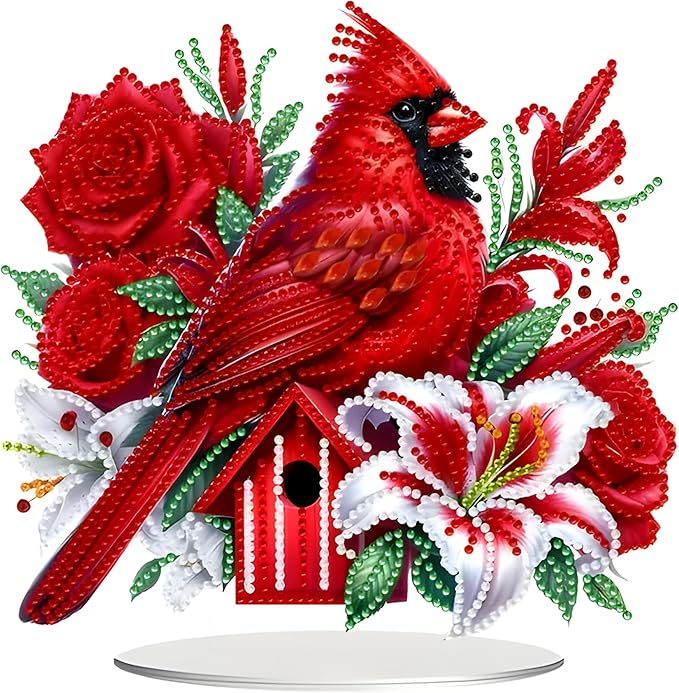 JJFox DIY Tabletop Diamond Art Painting Kit，Special Shaped Rhinestone Desk Placement Ornament，Home Stand Up Gem Painting Craft Kit，Gift. (Cardinal-1)