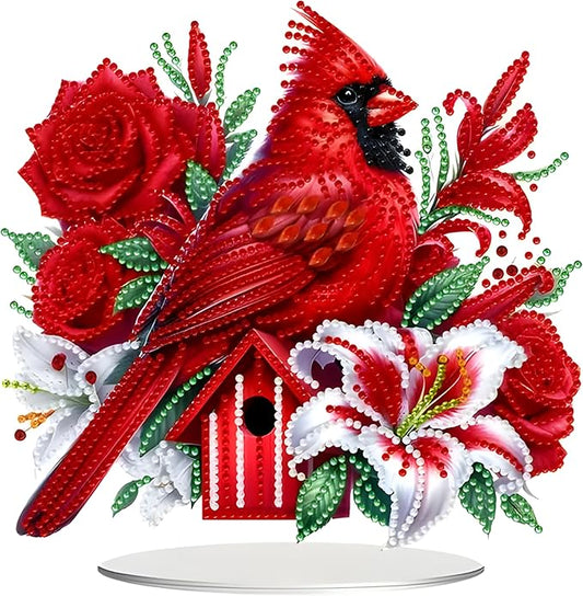 JJFox DIY Tabletop Diamond Art Painting Kit，Special Shaped Rhinestone Desk Placement Ornament，Home Stand Up Gem Painting Craft Kit，Gift. (Cardinal-1)