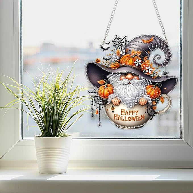SENQAO Happy Halloween Gnome Diamond Art Hanging Kits for Adults Beginners, DIY Acrylic 5D Special Shaped Crystal Diamond Gem Art Painting Hanging Ornament for Home Wall Decor and Gift