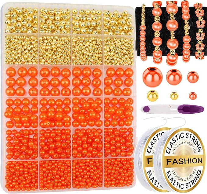 2116 PCS Pearl Beads for Bracelet Making Kit Gold Beads for Jewelry Making Kit Gold Small Spacer Bead Orange Pearl Bead for Crafting Charms Necklace Earrings DIY Craft for Women Adult
