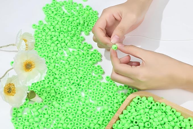 1000 Pc Boxed Fresh Green Pony Beads Bulk, 9MM Plastic Craft Beads with Large Hole, Green Hair Bead for Braids, Bracelet Bead for Jewelry Making