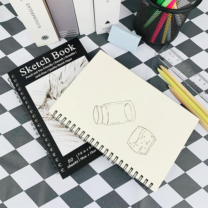 DSTELIN 2 Pack Spiral Bound Sketchbooks (100 GSM Sketch Paper), 50 Sheets per Pack, 7.5" x 5.1" Sketchbook with Black Hard Cover for Painting, Drawing and Sketching