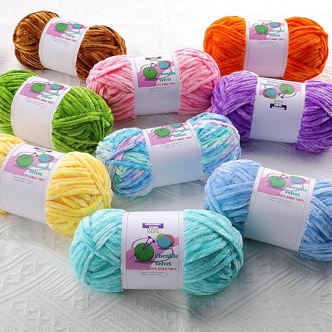 Plush Chenille Chunky Yarn, Velvet Fluffy Yarn for Hand Knitting, Baby Yarns for Crocheting Soft Making Blankets, Scarves, Dolls (3.5oz 87.5yds Each)