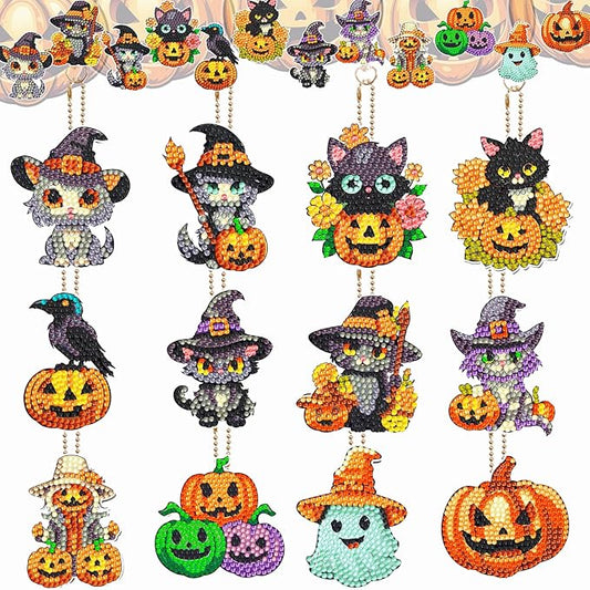 12 Pcs Halloween Cat Diamond Keychains Kit Double Sided DIY Cute Halloween Cat Diamond Keychains for Beginners Adults Art Craft Supplies Holiday Gift