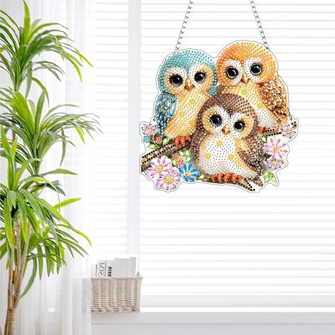 Lxmsja DIY 3 Cute Owls Diamond Painting Hanging Ornament, Double-Sided Acrylic Pink Flowers Diamond Art Kit, Special Shaped Suncatcher Hanging Pendant Window Art Kit 8x8 inch
