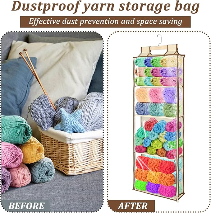 Clear Hanging Yarn Storage with 4 Large Pockets, 48"x17" Clear Knitting Organizer Storage with Zippers for Crochet Lovers, Hanging Yarn Holder with Over-Door Hooks for Knitting Needles Crochet Hooks