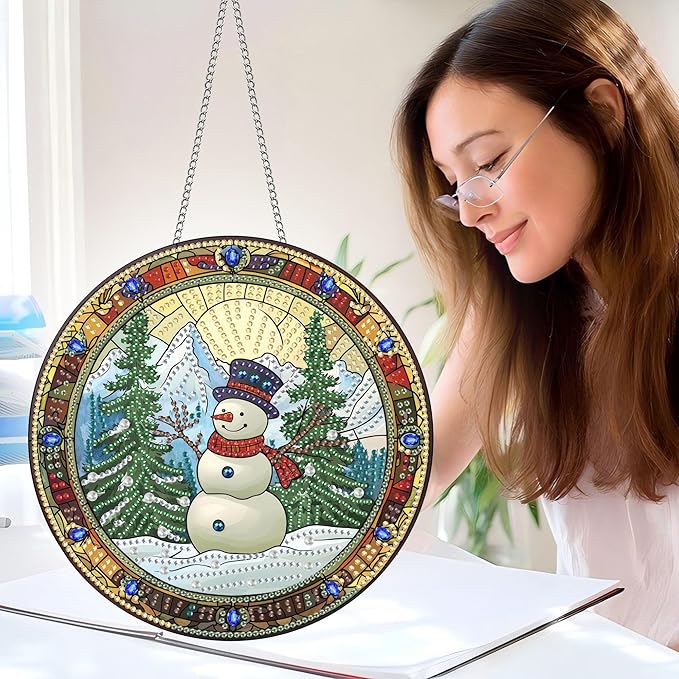 Pavemlo Hanging Diamond Art Kits for Adults Christmas Snowman – 8x8 Inch Double-Sided Acrylic Board DIY Crystal Diamond Suncatcher Pendant, Sparkling Home Wall or Window Decoration Handmade Gift