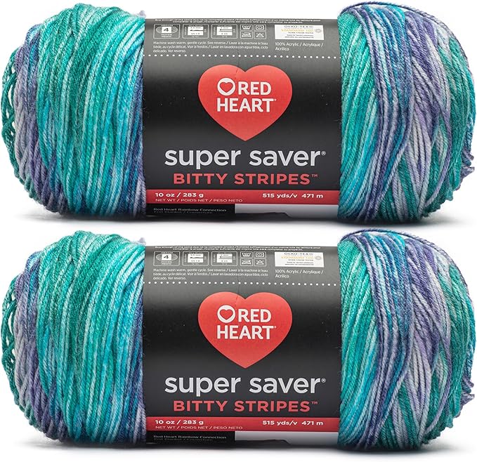 Red Heart Super Saver Bitty Stripes Mermaid Yarn - 2 Pack of 10oz/283g - 100% Acrylic - #4 Worsted (Medium) - 515 Yards - Knitting/Crochet