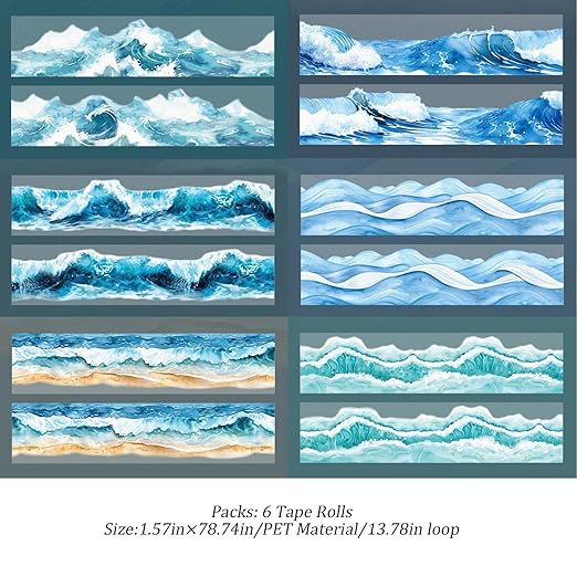 Kesari 6 Rolls PET Washi Tape Stickers for Journaling Supplies, Sea Wave Themed Scrapbook Stickers for Journaling,Scrapbooking,Junk Journal Supplies,DIY Crafts,Planner (Wave)