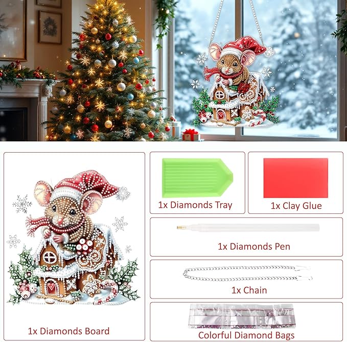 SENQAO Mouse Diamond Art Hanging Kits for Adults Kids, Christmas Diamond Art Suncatchers, 5D Special Shape Diamond Painting Pendant Window Ornament Gifts for Home Garden Door Wall Decor