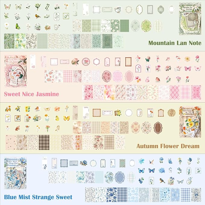 400 Pcs Floral Scrapbook Paper & Stickers, 4 Packs Scrapbook Supplies Kit, Junk Journal Scrapbooking Paper for Journaling, Scrapbooking Embellishments, Planner, Card Making