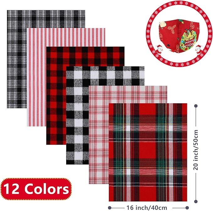 Tatuo 12 Pieces Christmas Fat Fabric Bundles Buffalo Plaid Fat Quarters Cotton Fabric Square Bundles 19.5 x 15.7 Inch Charm Yarn-Dyed Checked Quilting for DIY Crafting Sewing(Simple Style)