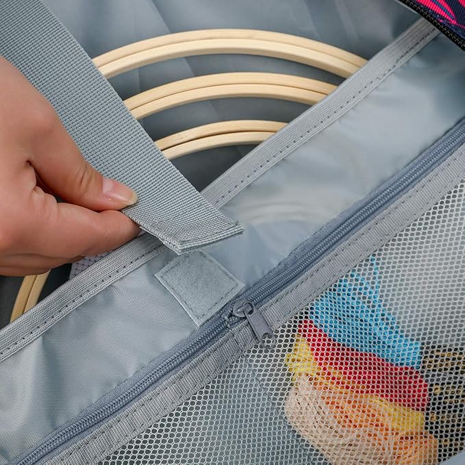 Shinyzone Cross Stitch Storage Bag with Leaf Print, Embroidery Projects Organiser, Sewing Crafts Storage Tote with Zipper Pockets for Embroidery Hoops, Charts and Threads